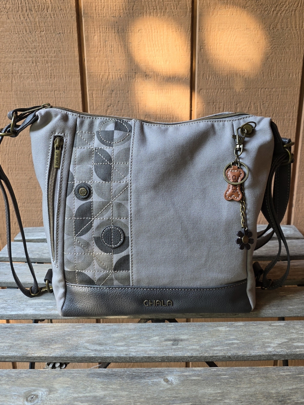 Chala Grey Vegan Leather Polka Dot Lining Convertable Bag